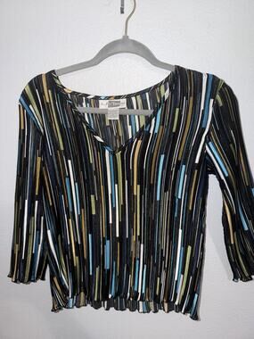 Vintage Y2K E.K. Designs V-neck pleated top Medium Striped Black Blue (AN17)